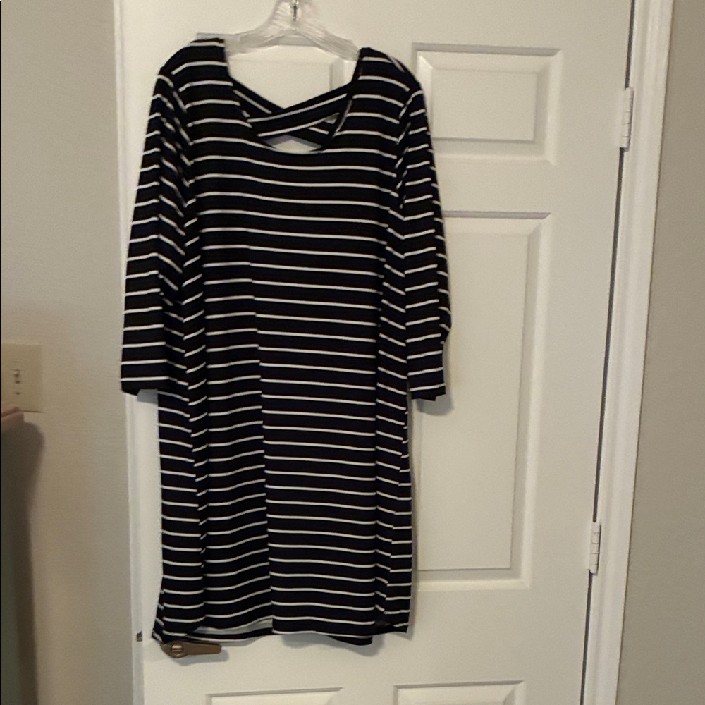 bobeau Black and White Striped Midi Dress with Crisscross Back
